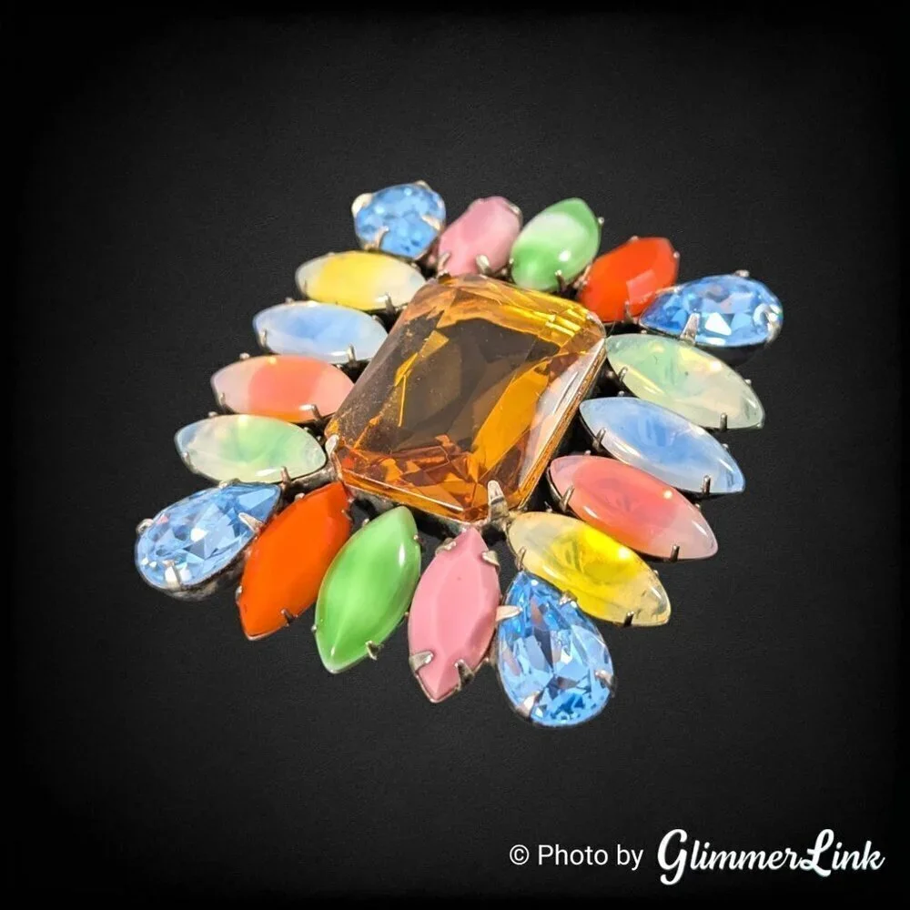 Vintage Mid Century Multicolor Rectangular Glass Stones Gold Tone Brooch